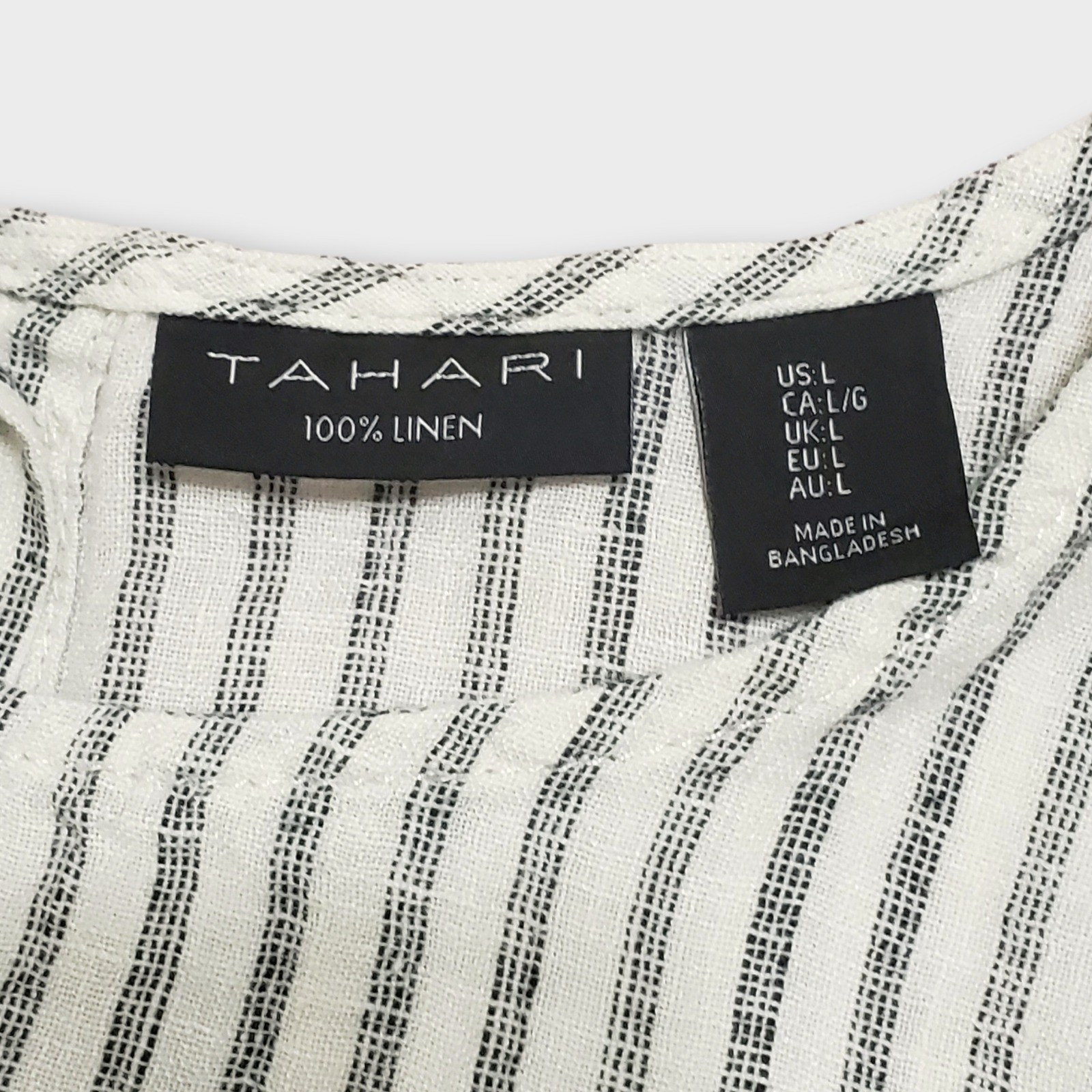 Tahari Linen Boxy Crop Top Cap Sleeve Button Decor White Black Stripe Large