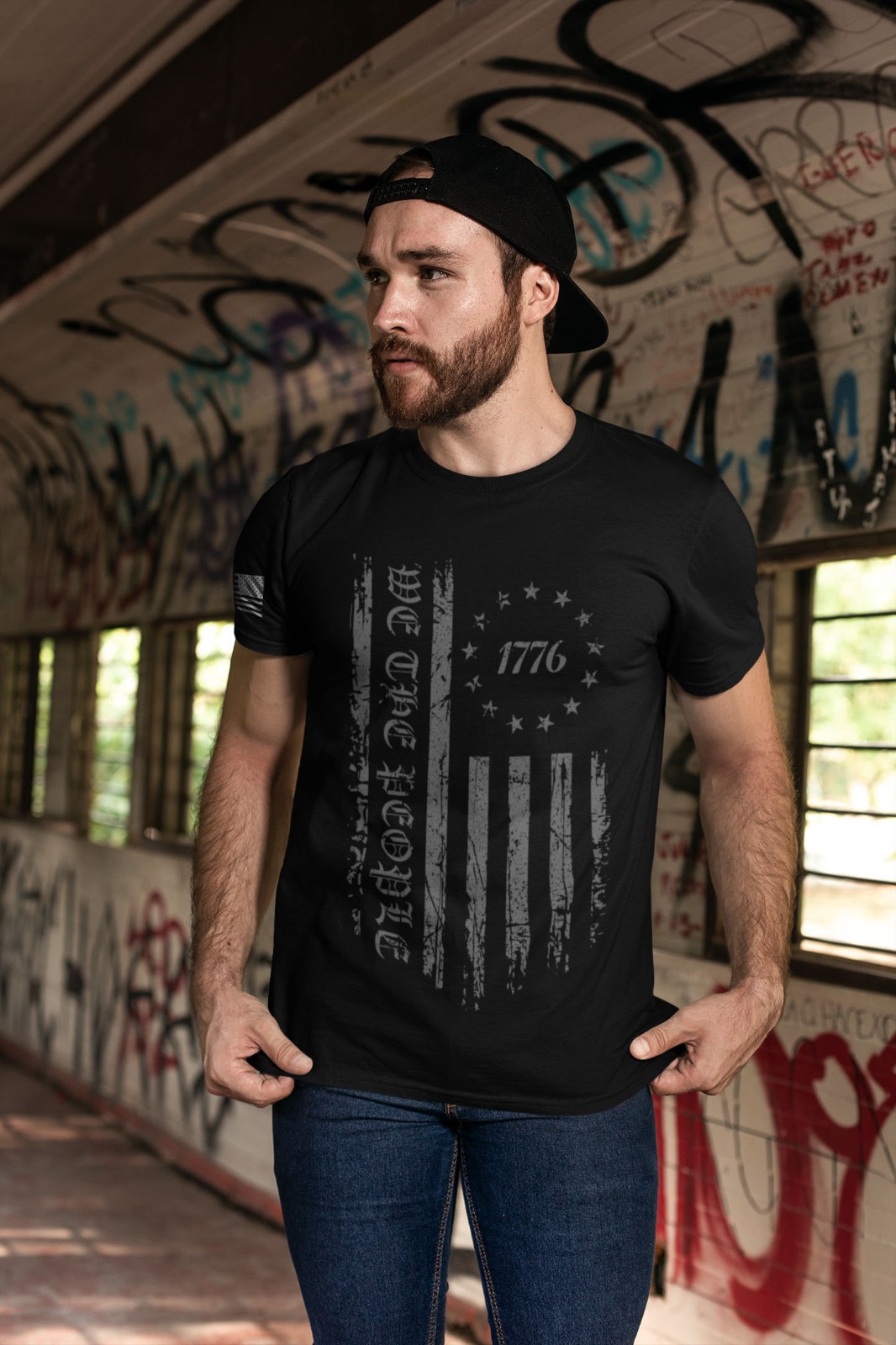We The People 1776 T-Shirt – Black Distressed American Flag Tee Patriotic USA