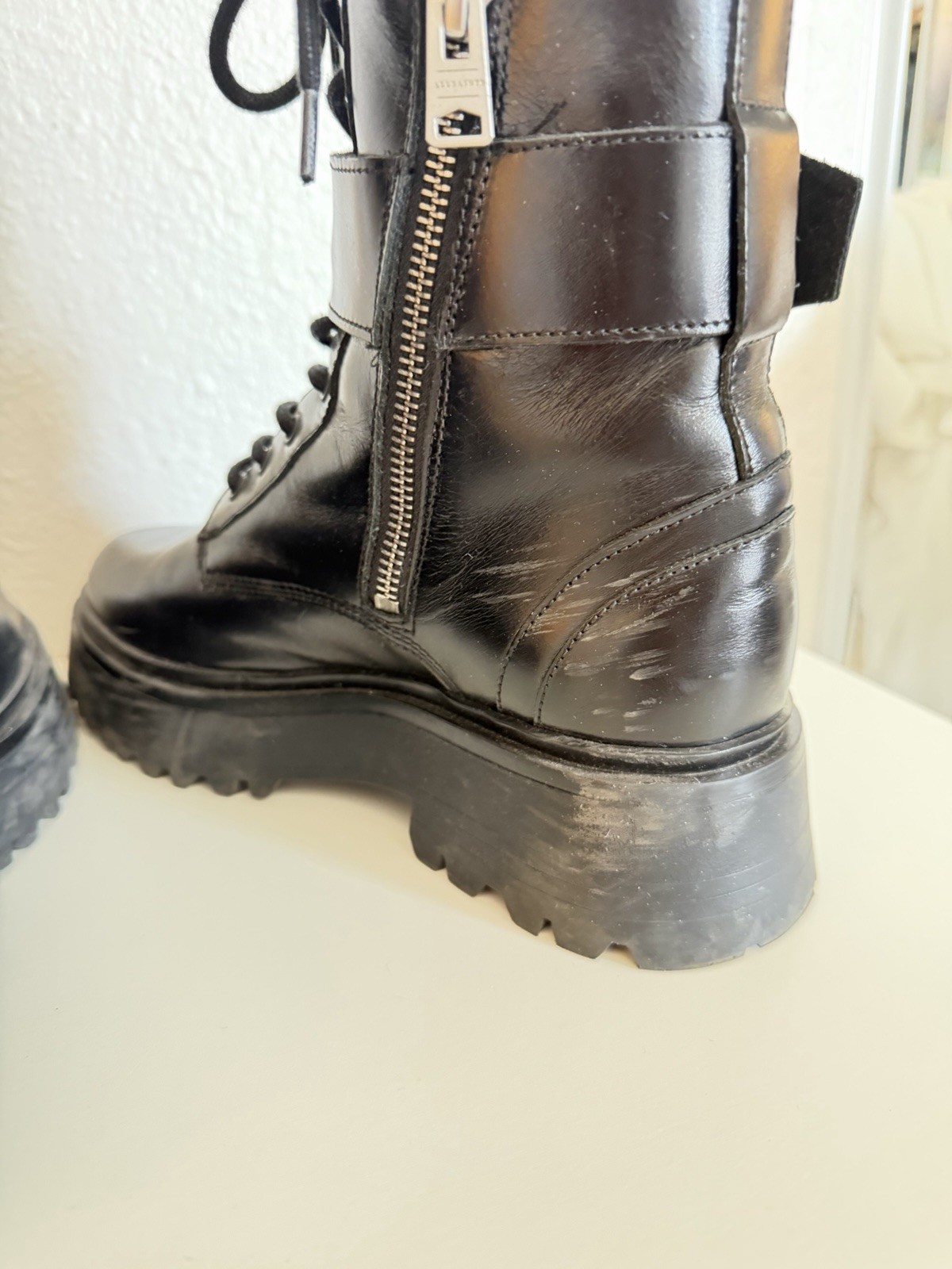 ALLSAINTS Onyx Black Leather Combat Boots Lace-Up Side Zip Buckle US 8 EU 38