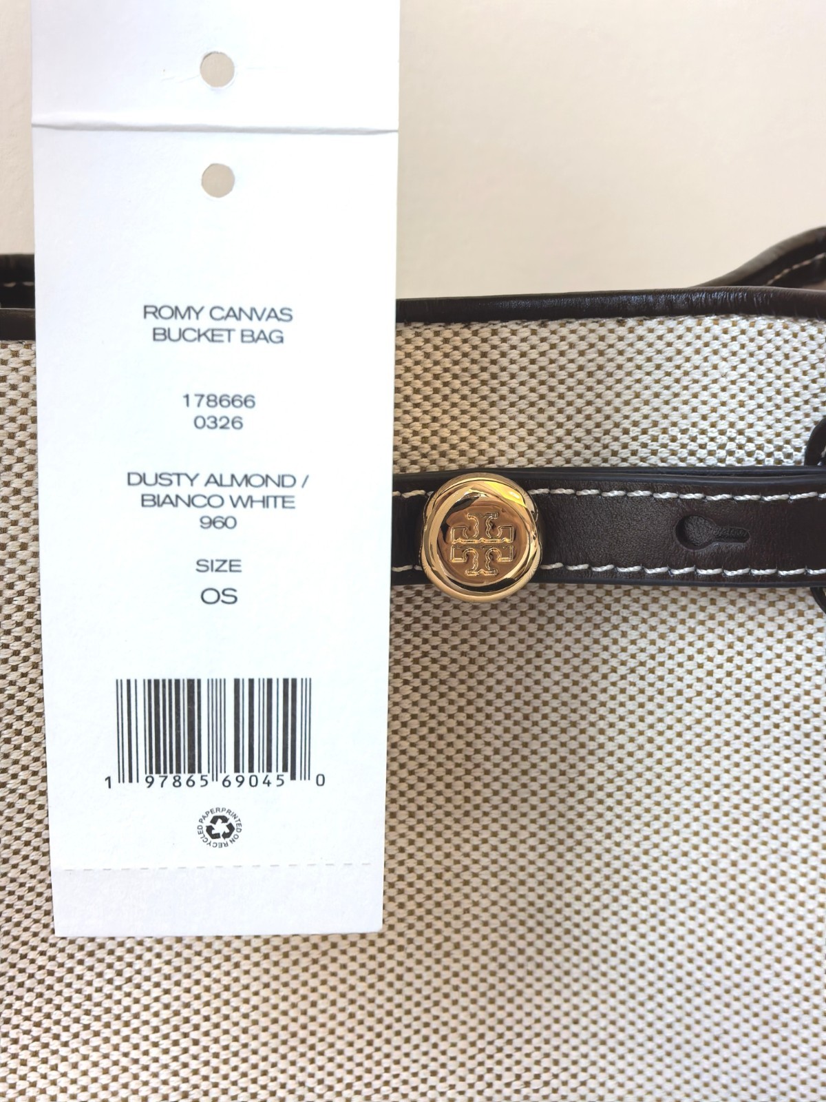 Tory Burch ROMY CANVAS BUCKET BAG DUSTY ALMOND /BIANCO WHITE