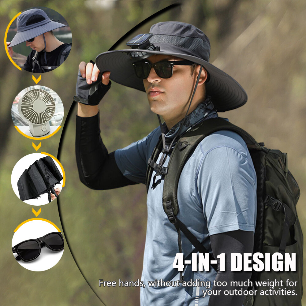 Outdoor Wide Brim Sun Hat with 2 Solar Fan UV Protection Hiking Camping Fishing