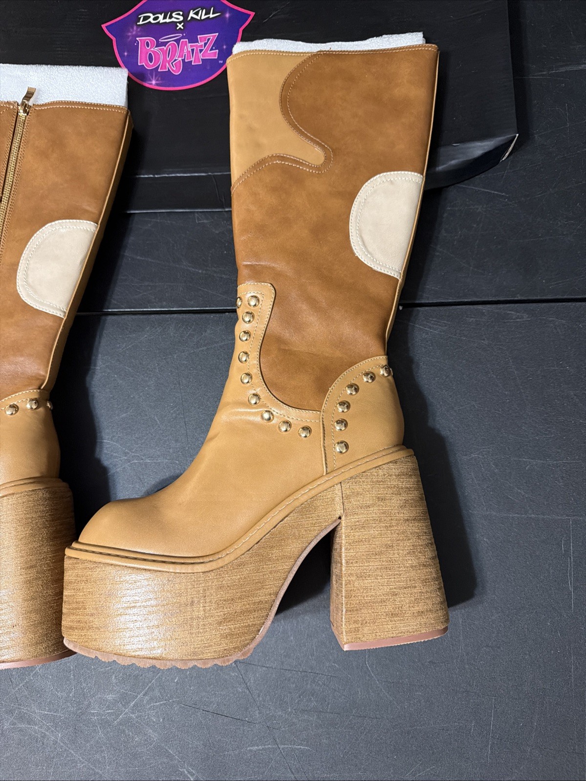 Dolls Kill x Bratz Superstar Status Platform Boots Brown Patchwork Knee High