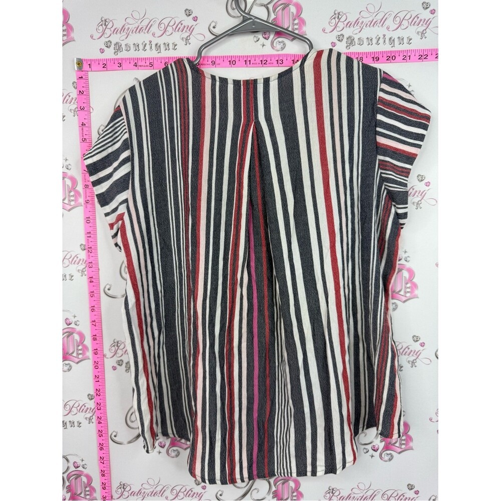 Shirt Striped V-Neck Cap Sleeve Blouse – Black, White & Red