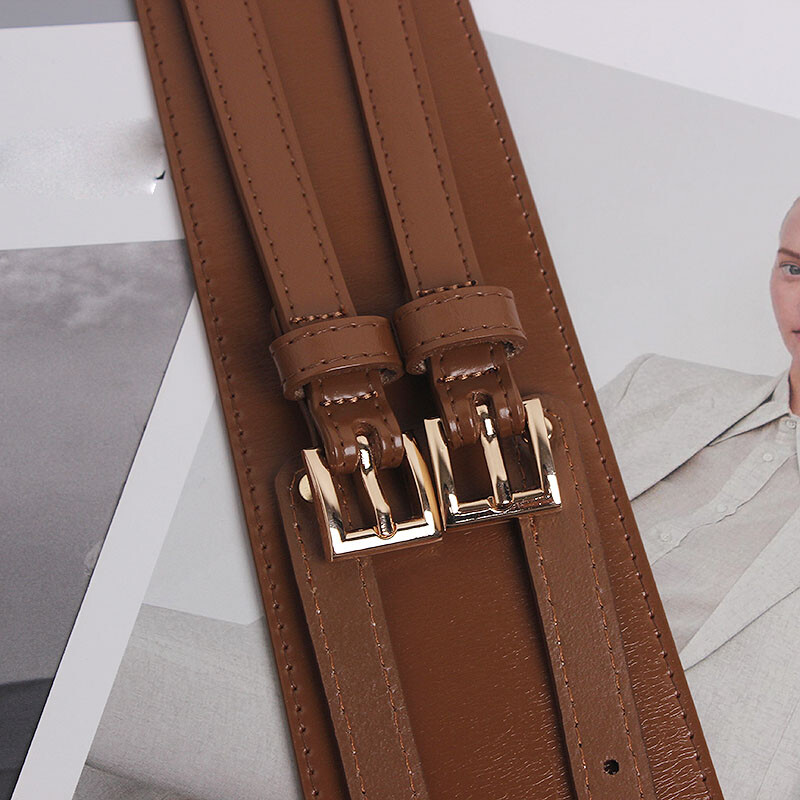 Women Cowhide Leather Corset Belt Double Prong Buckle Wide Decorative Waistband