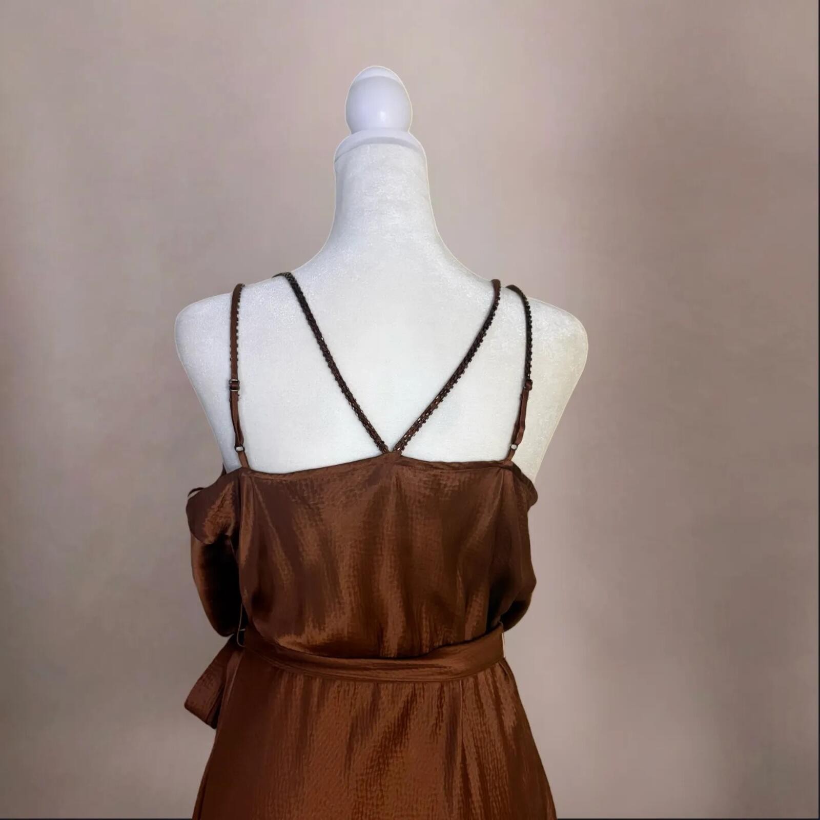 BCBG Copper Brown 100% Silk Wrap Beaded Ruffle Gown
