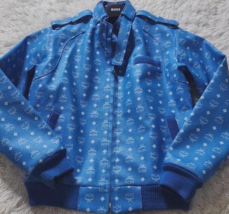 MCM Blue Leather Jacket Biker Premium Quality Laser Printed Leather jacket