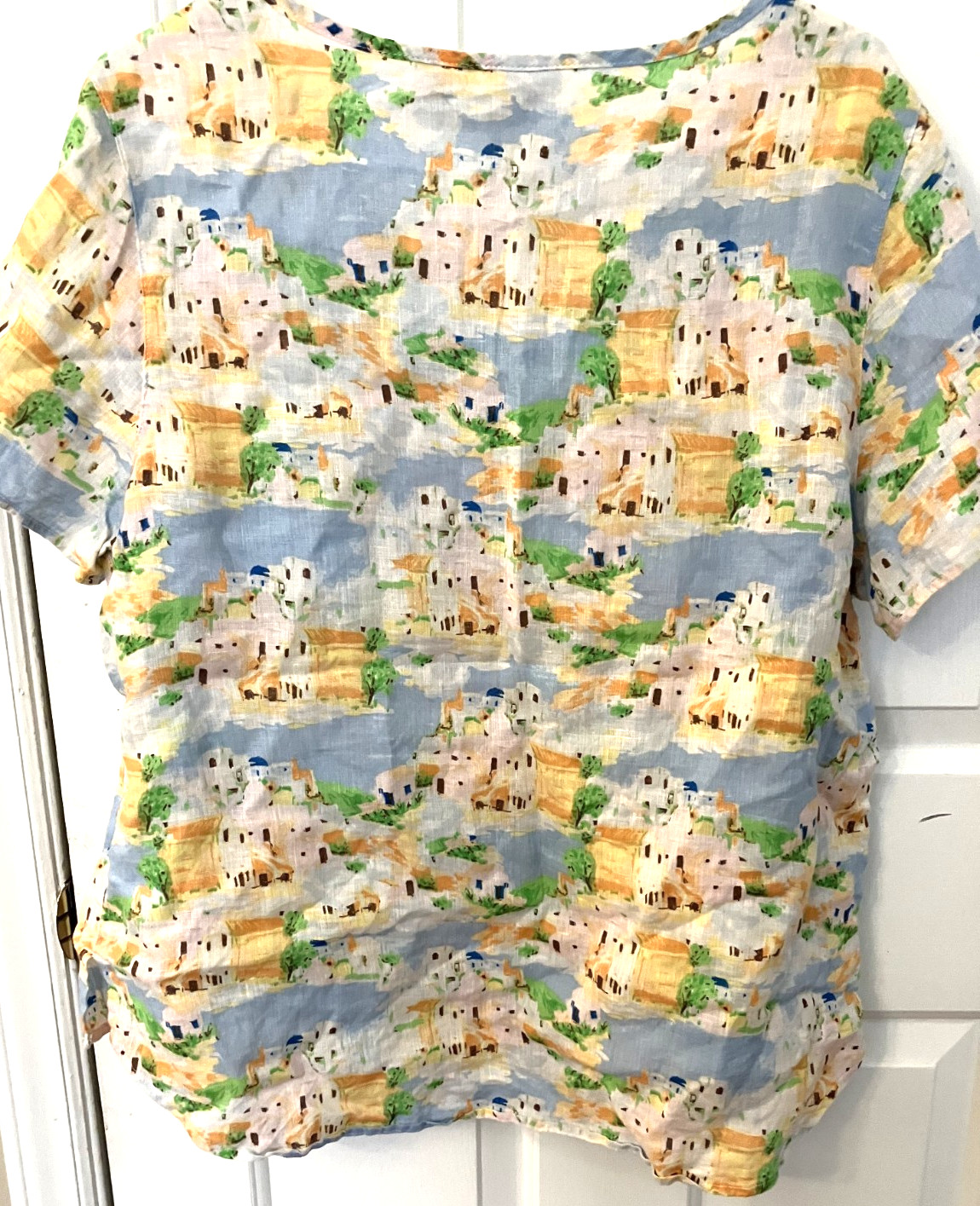 Cynthia Rowley 100% Linen Print Top Size 1X Blue Gold Multi