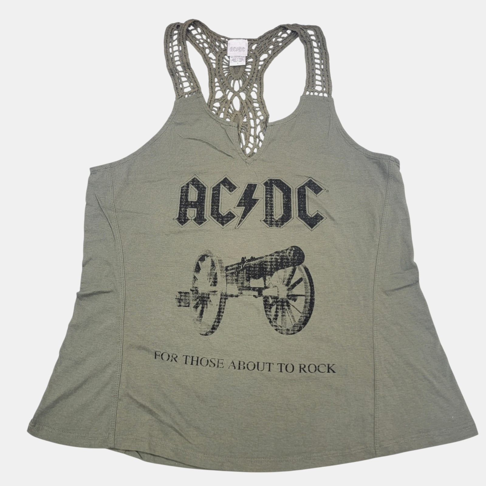 AC/DC For Those About To Rock Womens Size L Racerback Crochet Boho Tank Top NWOT