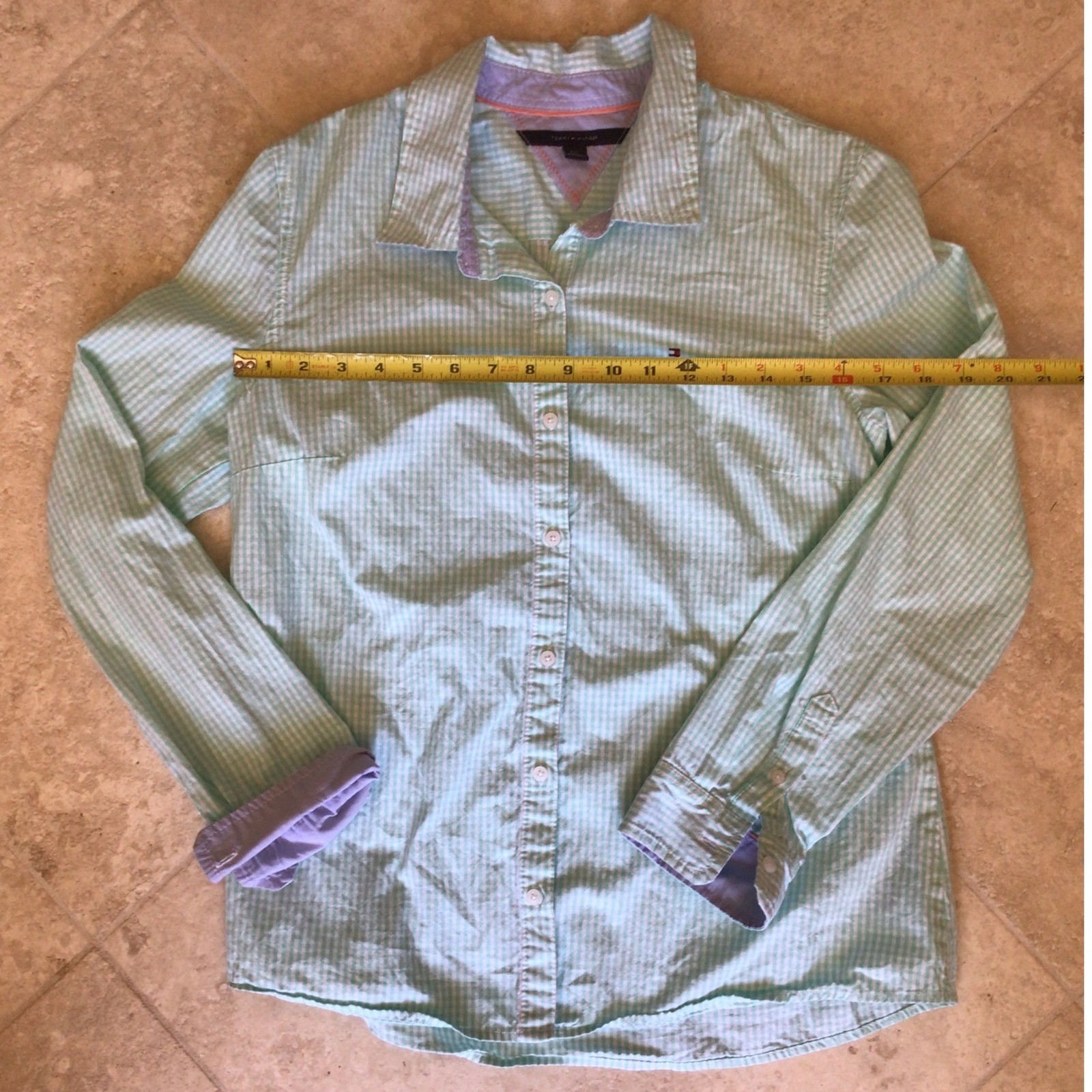 Tommy Hilfiger Women’s Large Mint Green Gingham Button Down Shirt 100% Cotton