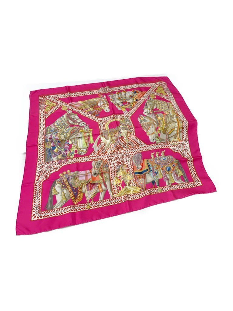 HERMES Carre 90 La Danse du Cheval Marwari Silk Scarf Pink Horse Used