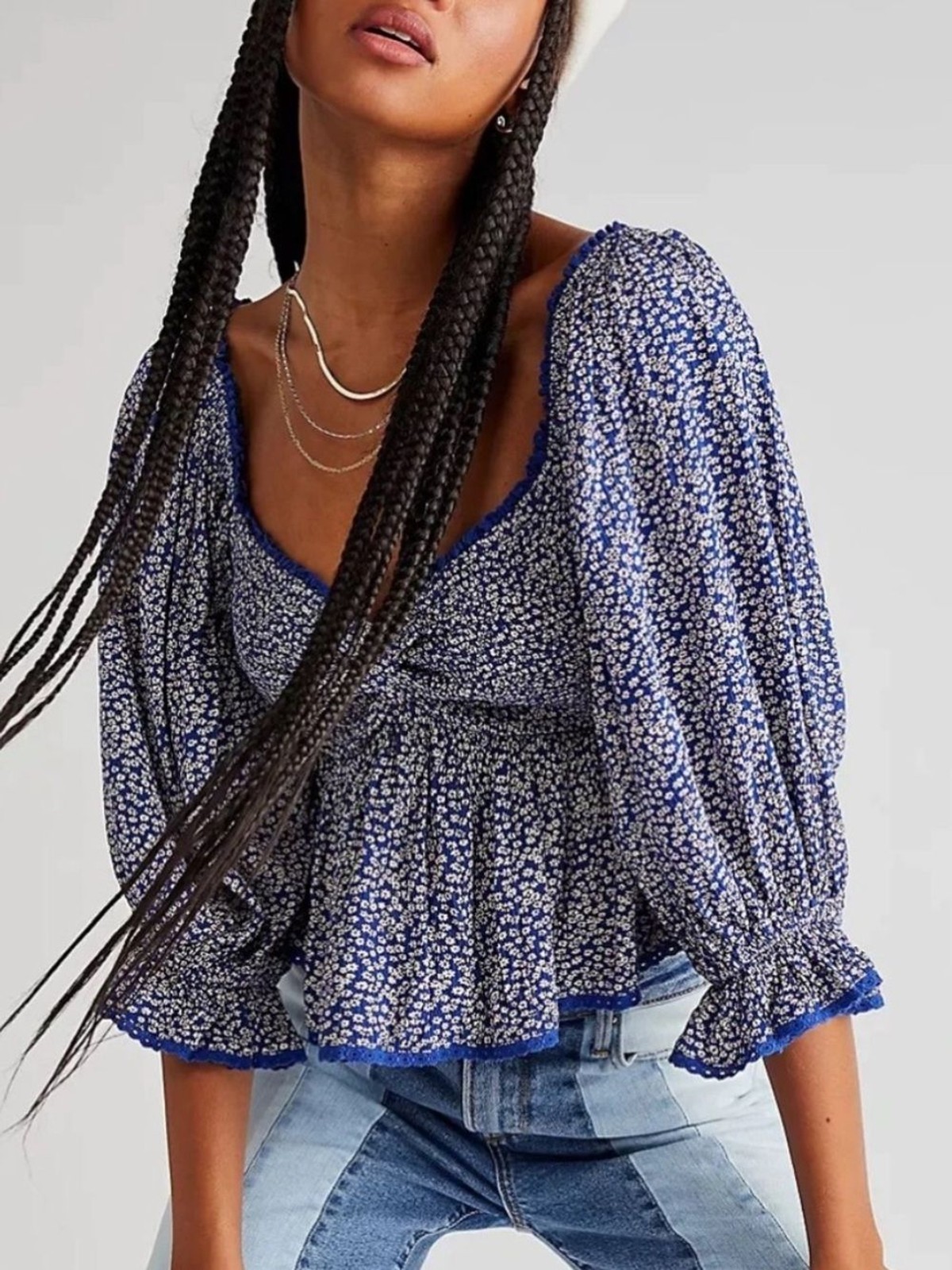 FREE PEOPLE Britnee Blue White Floral Smocked Peplum Puff Sleeve Top 📐L