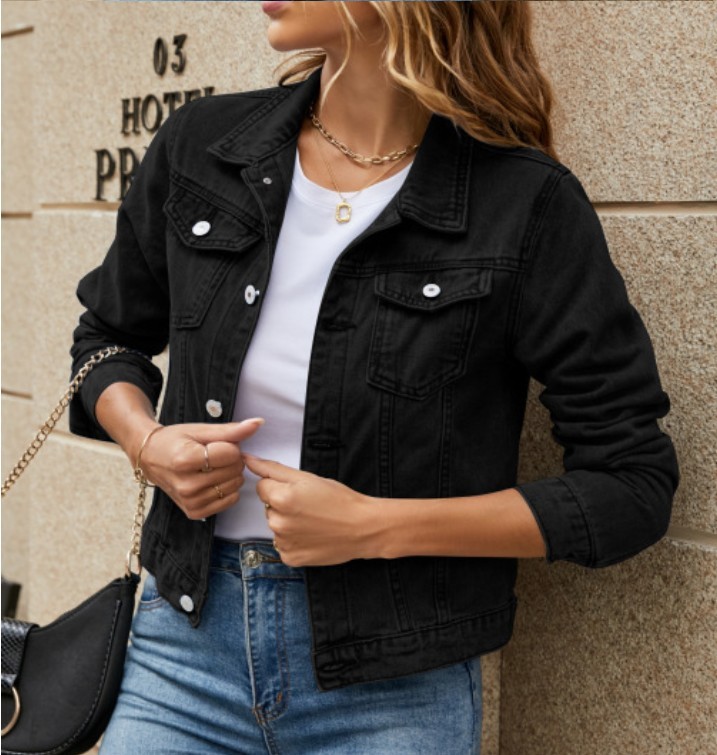 Women Casual Denim Jacket Lapel Pocket Single Breasted Long Sleeve Loose Outerwe