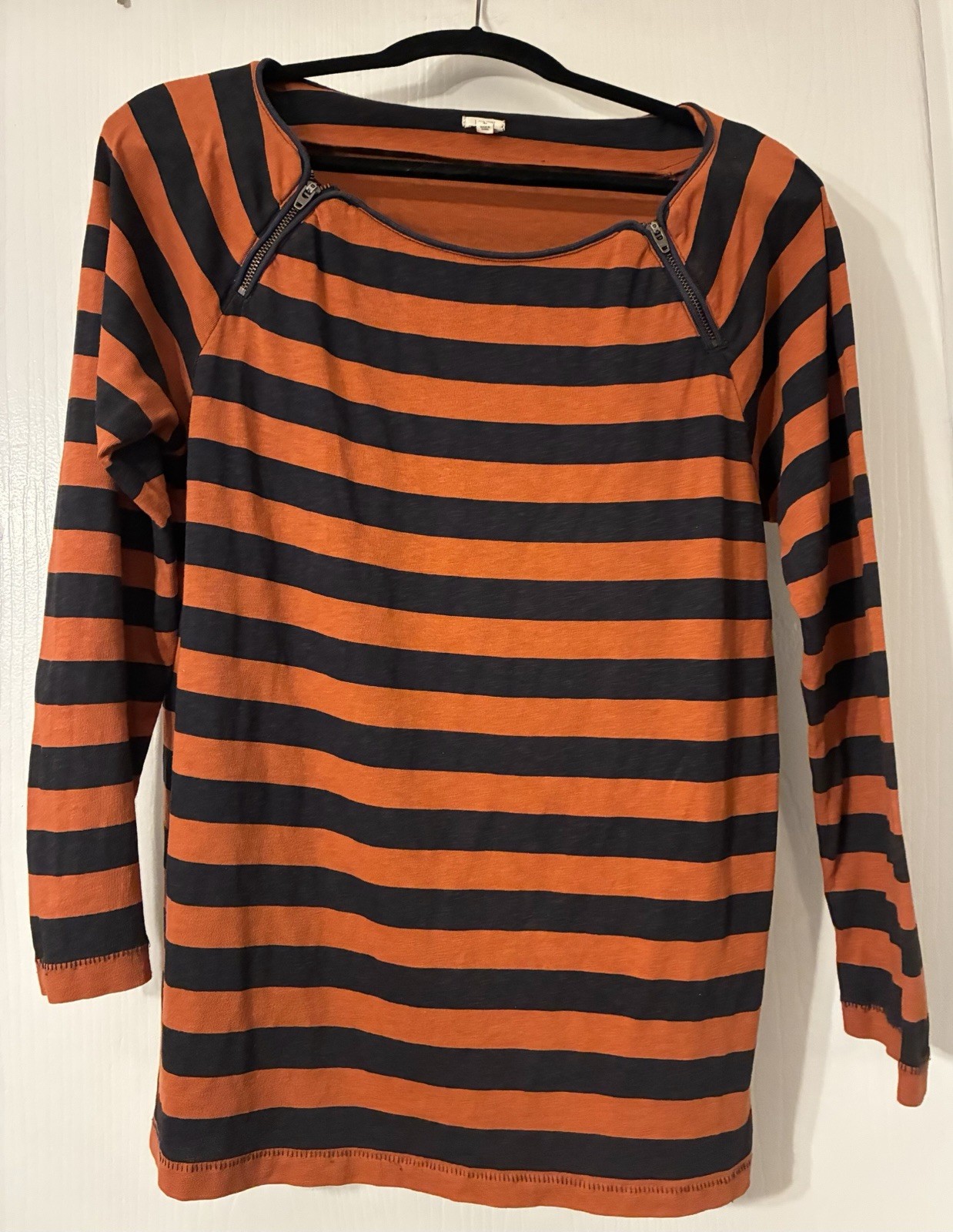 J.Crew Orange & Navy Striped Zipper-Shoulder Long Sleeve Painter Tee