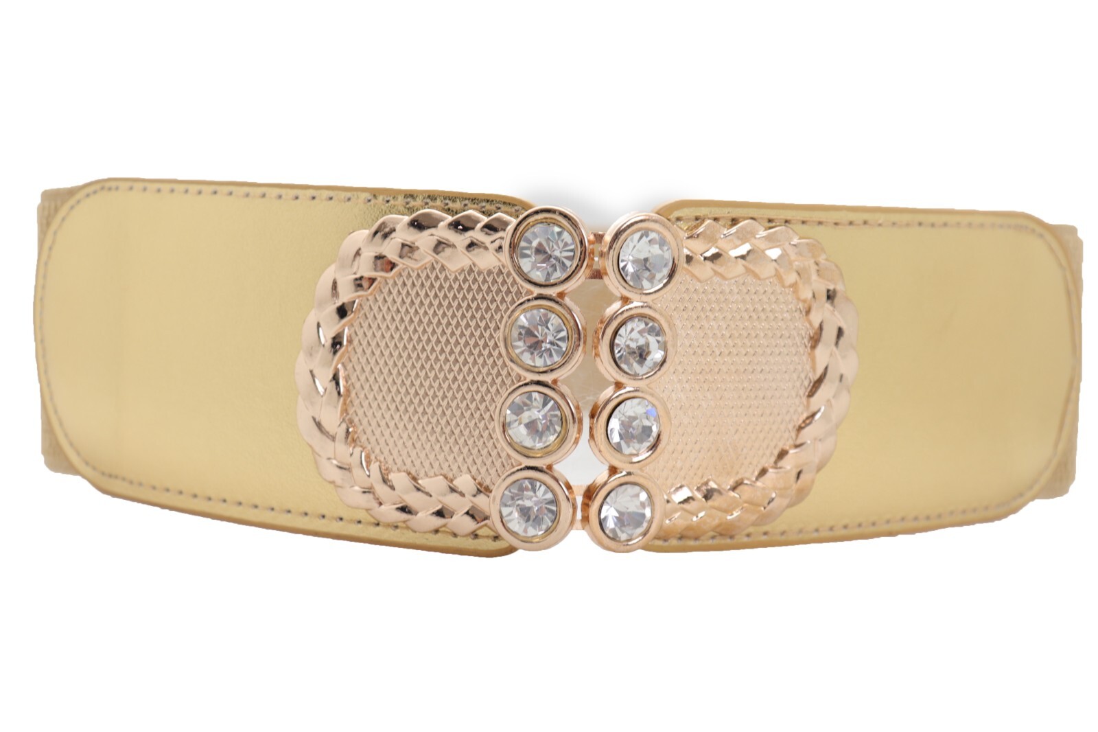 Women Gold Color Elastic Waistband Fabric Strap Fashion Belt Metal Buckle S M