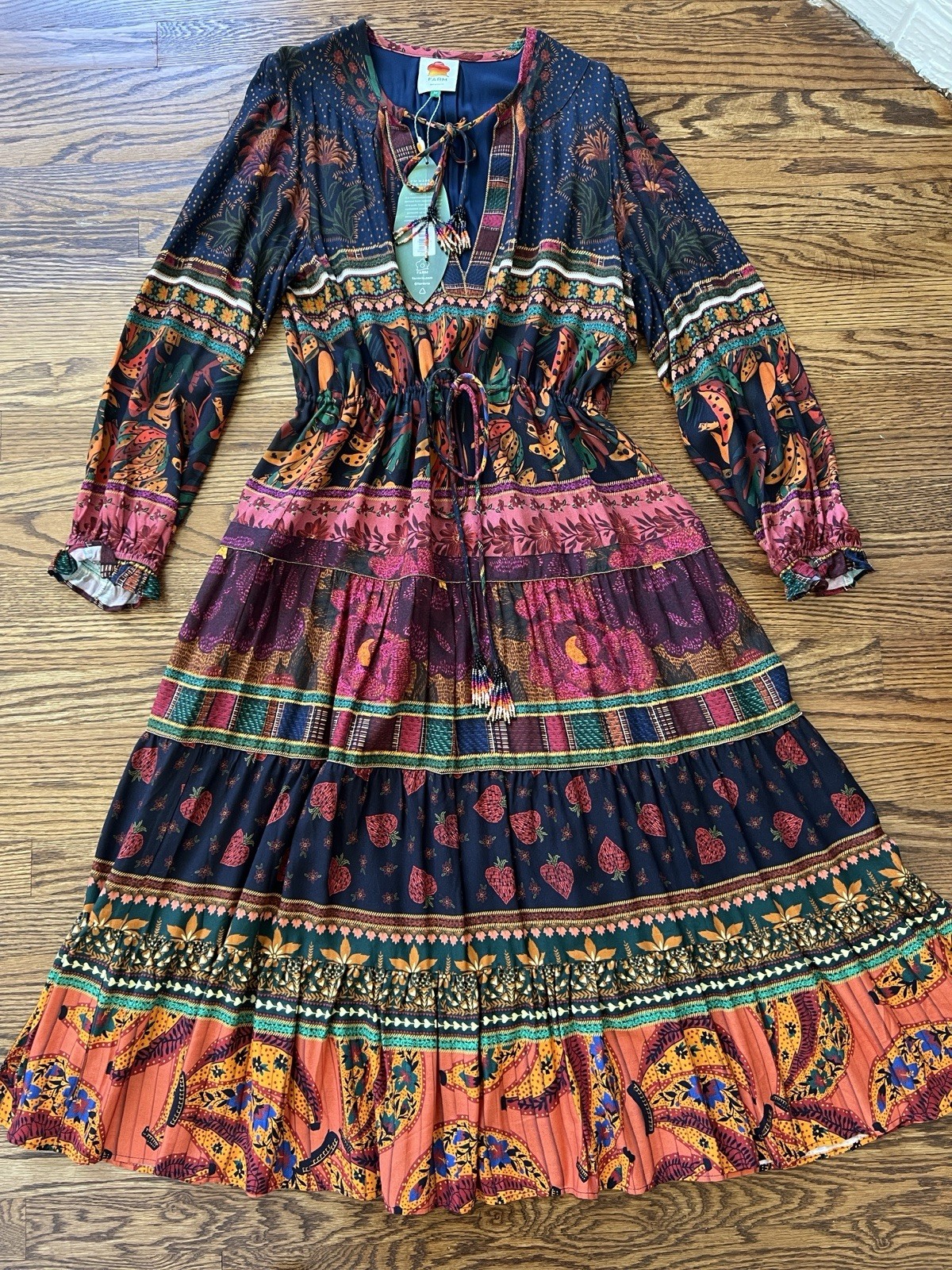 Farm Rio Mixed Patchwork Midi Dress with Tie Neck Dress M