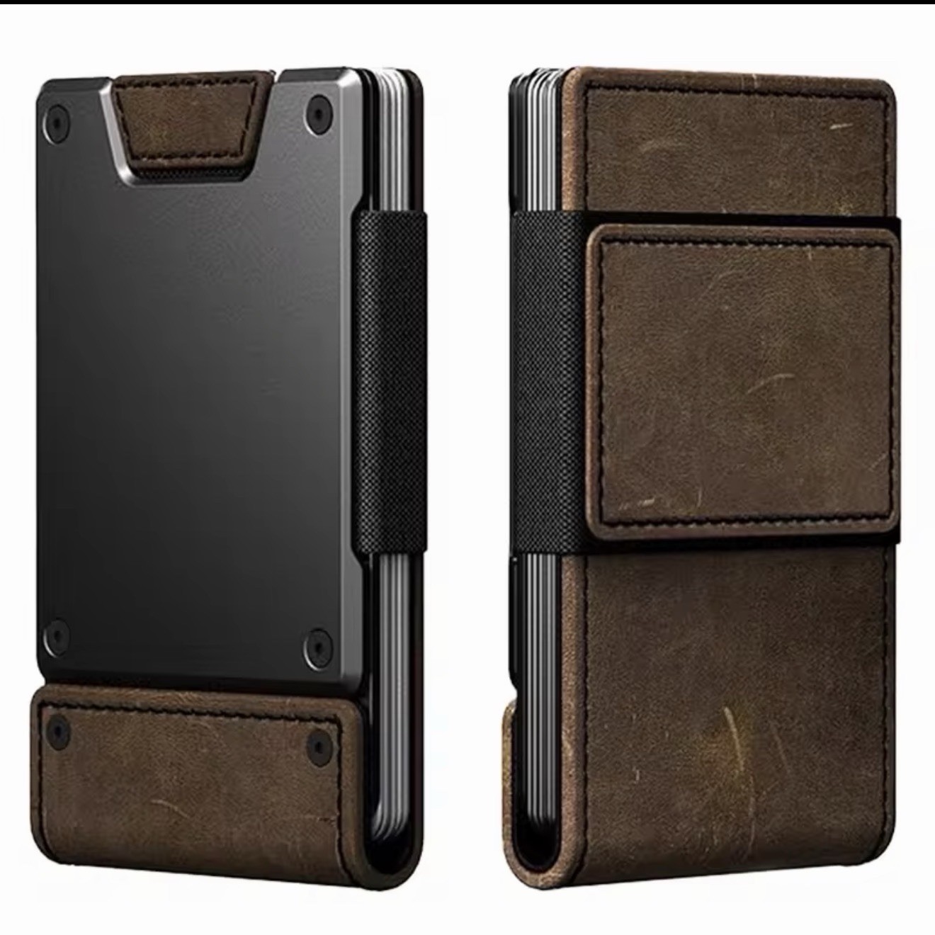 MENS SLIM METAL CARD HOLDER CASH STRAP MINIMALIST PULL TAB WALLET+BLK KEYCASE