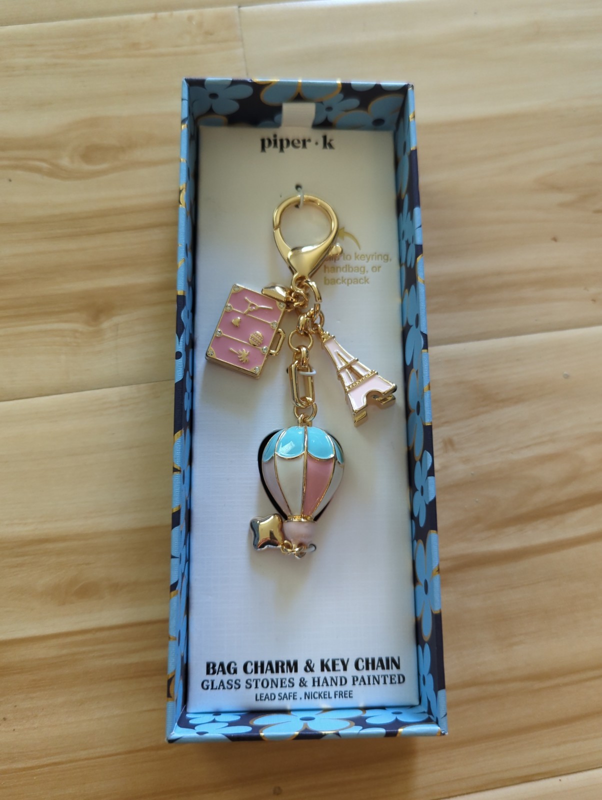 New Piper K Eiffel Tower Hot Air Balloon Bag Charm/Keychain Glass Stones