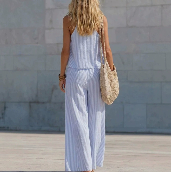 Womens Lace V-Neck Pleated Striped Two Piece Set Loose Wide Leg Pants Suit