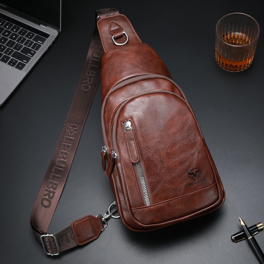 LEBULLBRO Men Leather Sling Bag Crossbody Chest Bag Shoulder Bag for Travel Work