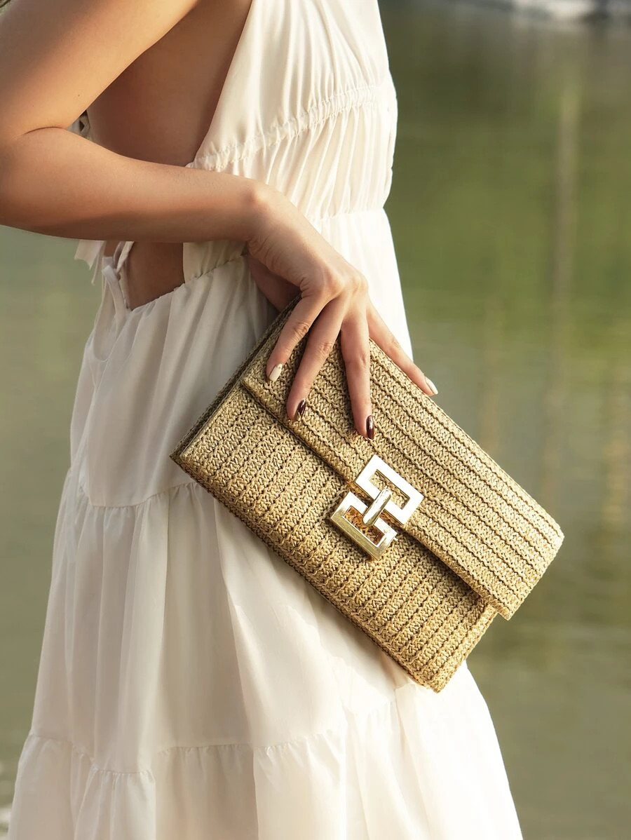 Woven Straw Flap Clutch Bag Medium Turn-Lock Chain Shoulder Purse Vacation