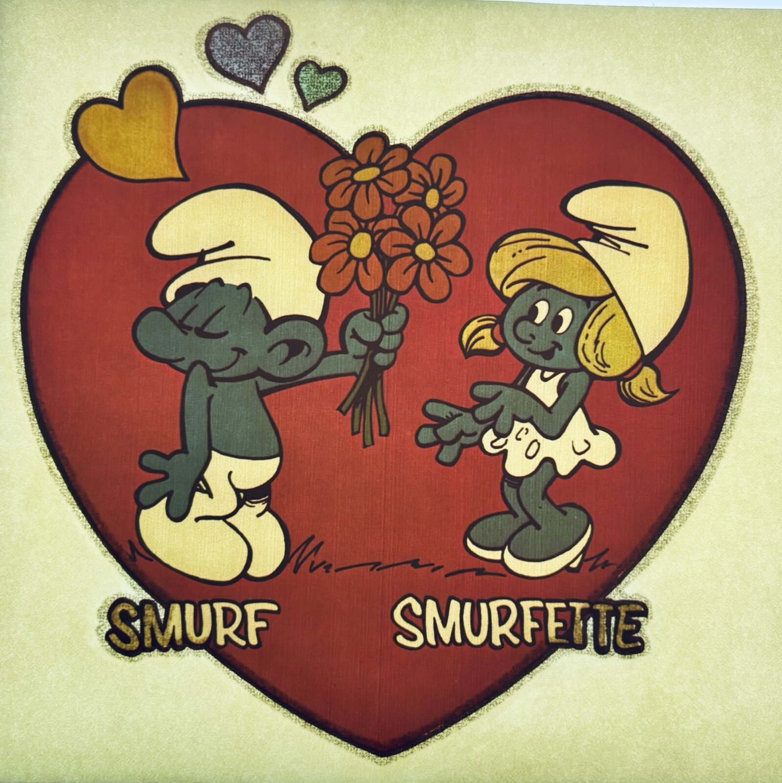 Original Vintage 1980’s Smurf Smurfette Love Cartoon TV Glitter Iron On Transfer