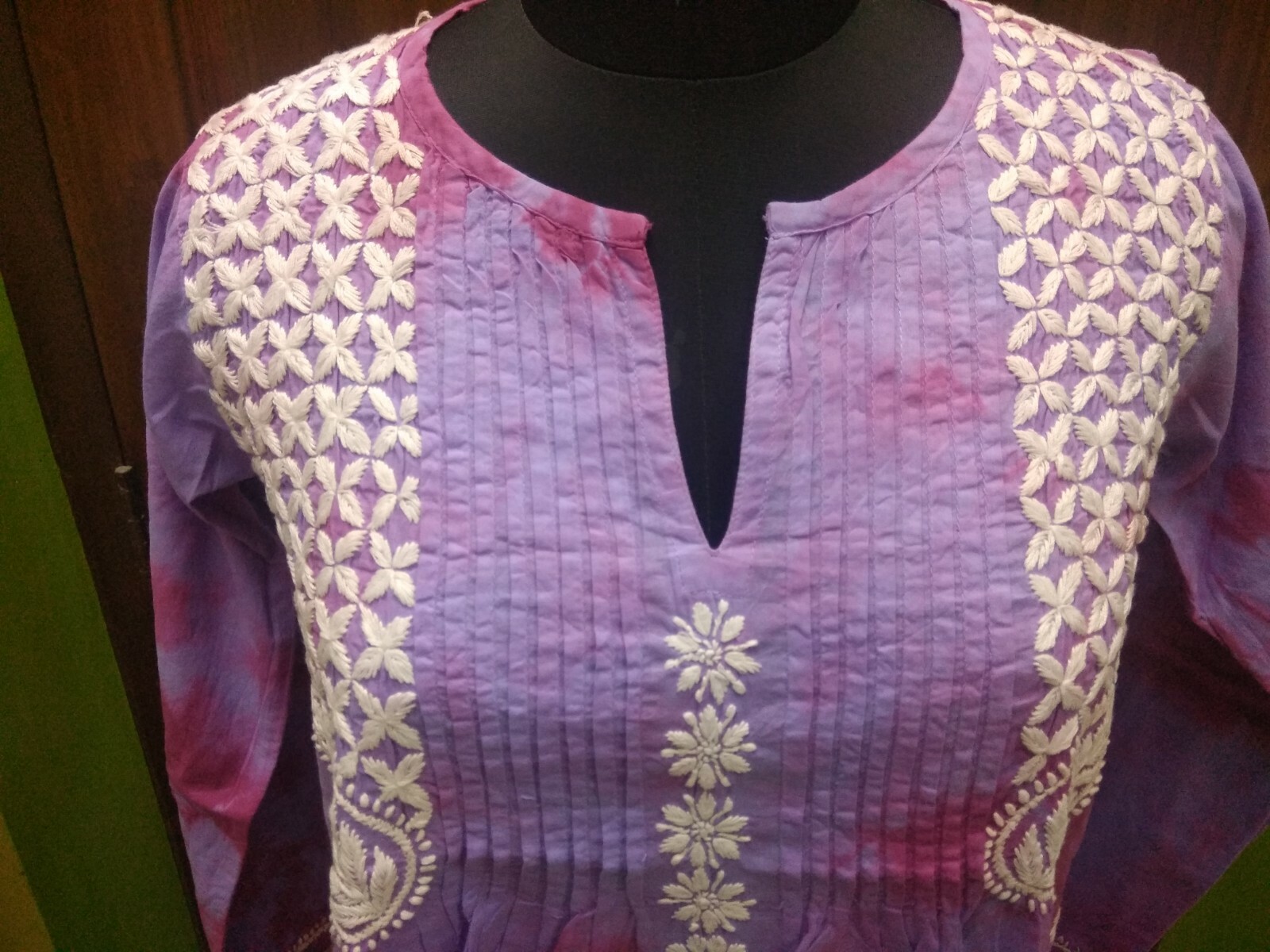 TIE DYE S 38″ L 42″ CHIKAN EMBROIDERY 100%COTTON ETHNIC TOP HANDMADE KURTA KURTI