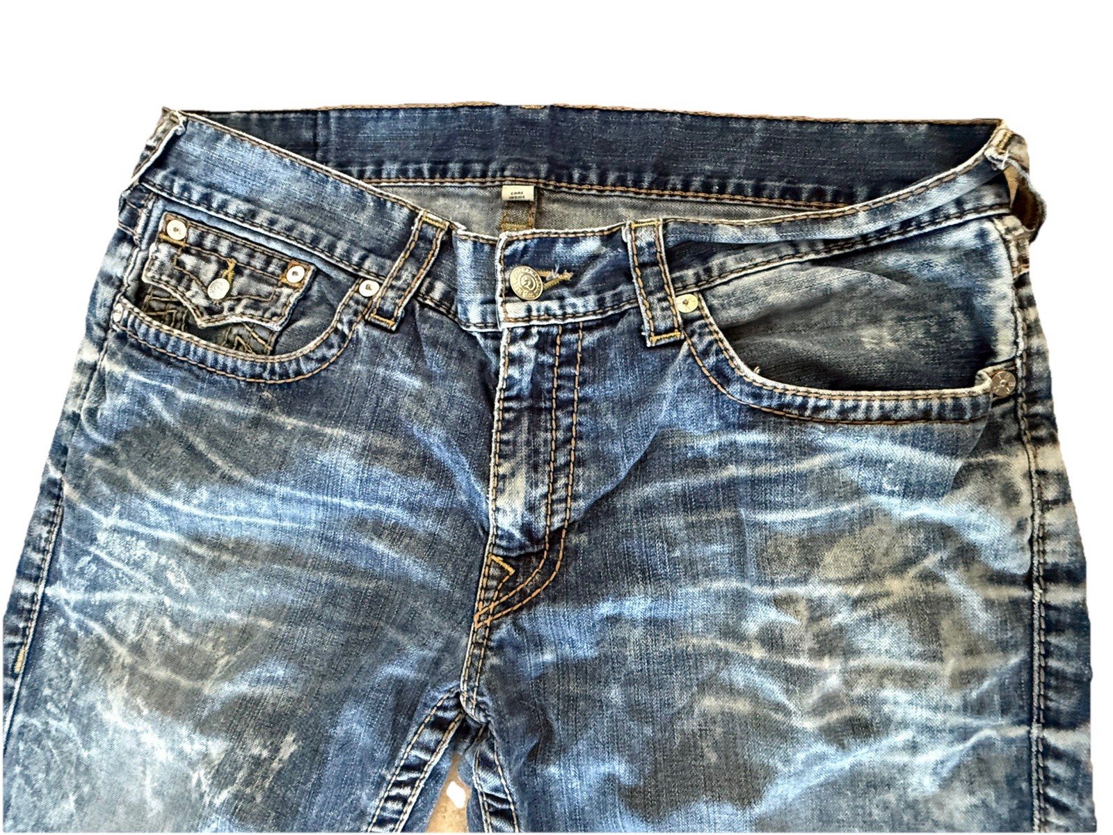 True Religion Rare Stone Wash Acid Jeans Relaxed Straight Flap Blue 38×31