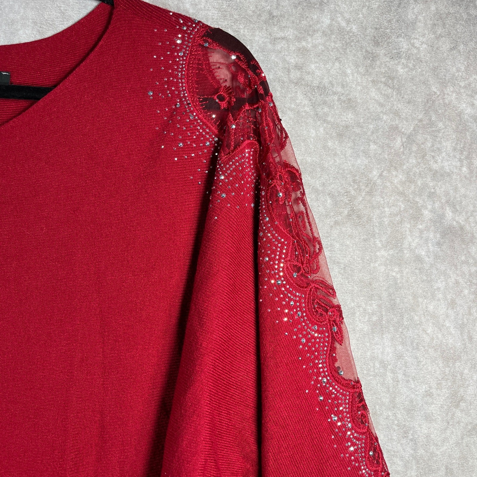 Tahari Top Womens 1X Red Knit Embellished Long Sleeve Tunic Casual Career Office