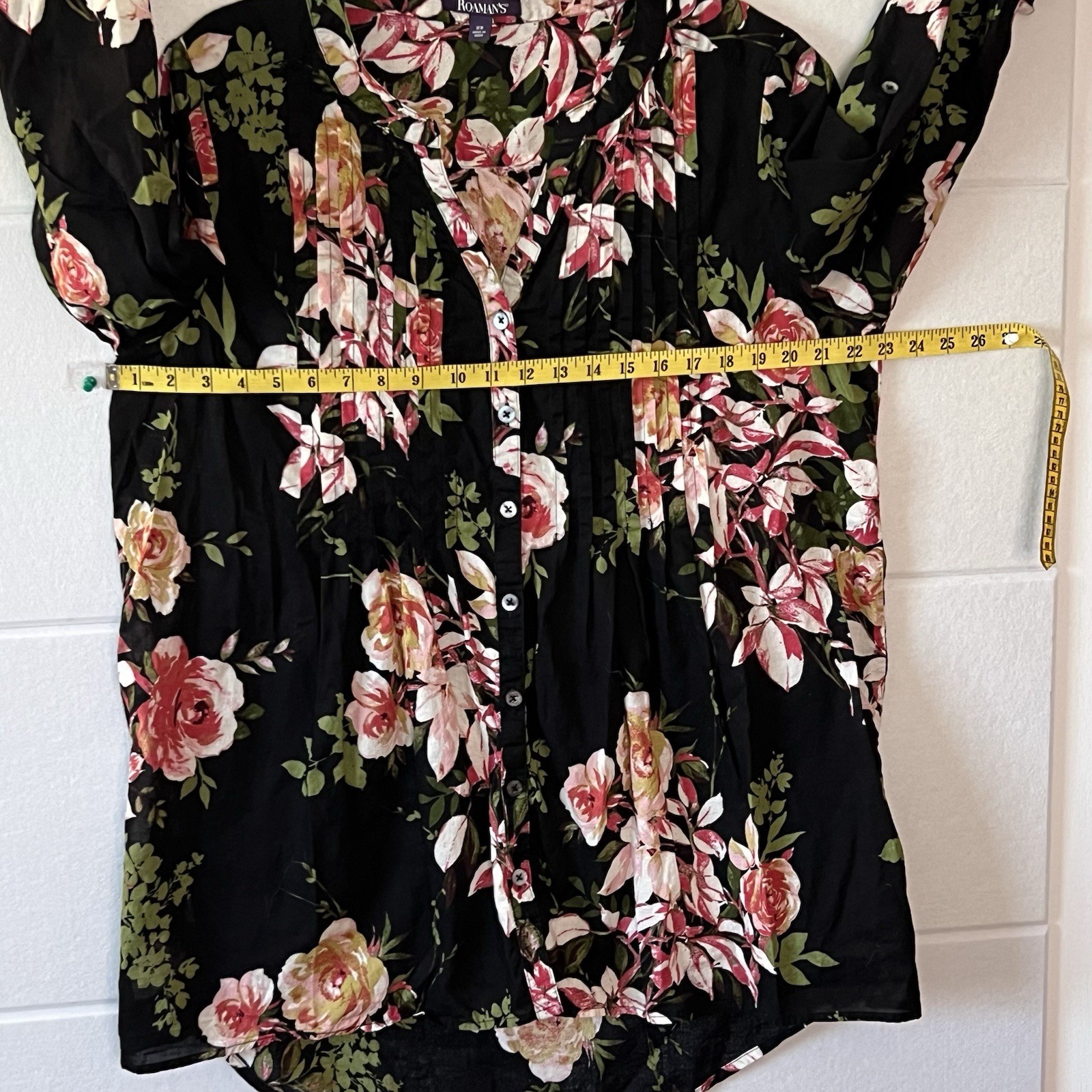 Roman’s Women’s Tunic Blouse Size 18 Extra Large Roll Tab Sleeve Floral Pink