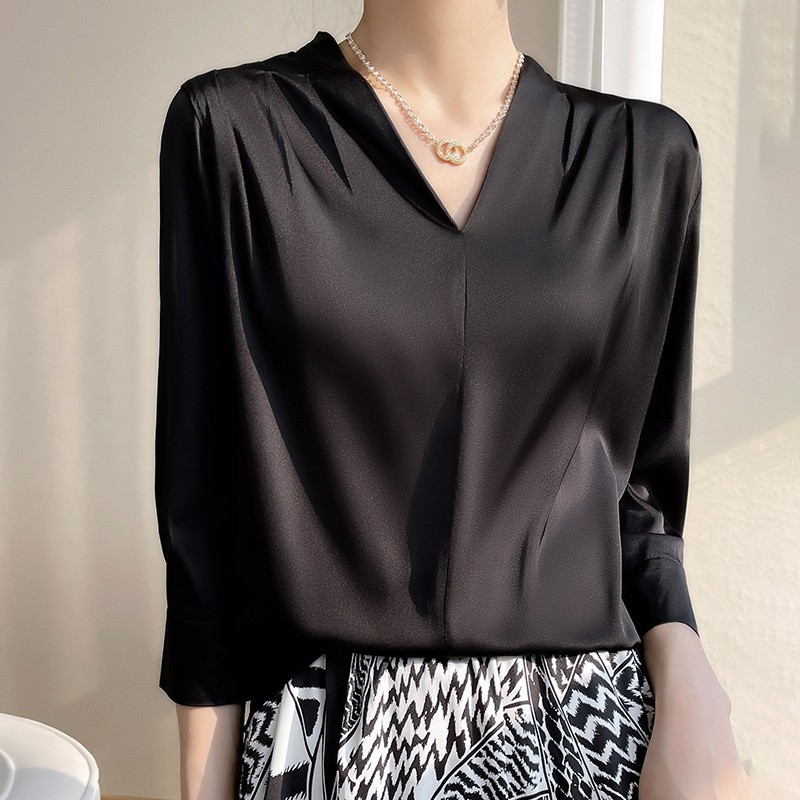 HOT Mulberry Silk Long-sleeved Shirt Women’s Morning Satin Chiffon V-neck Top