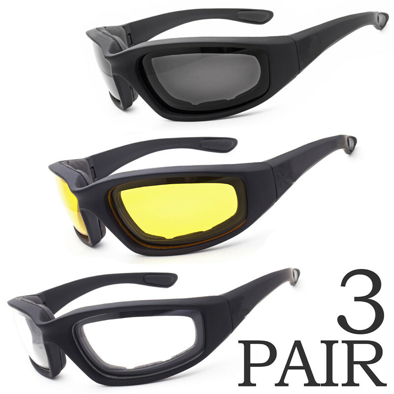 3 Pair Chopper Riding Motorcycle Glasses Clear Smoke Yellow, Padded, Comfortable