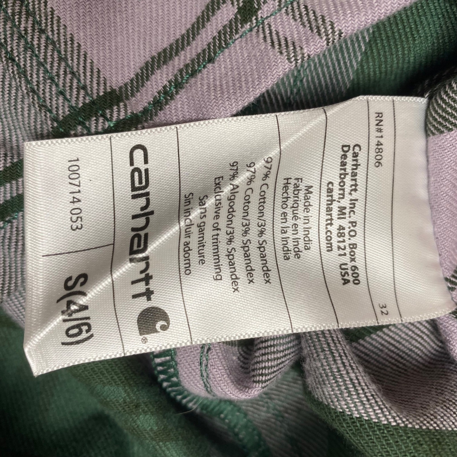Carhartt Shirt Women’s S 4/6 Green Purple Plaid Cotton Spandex NWT Gorpcore