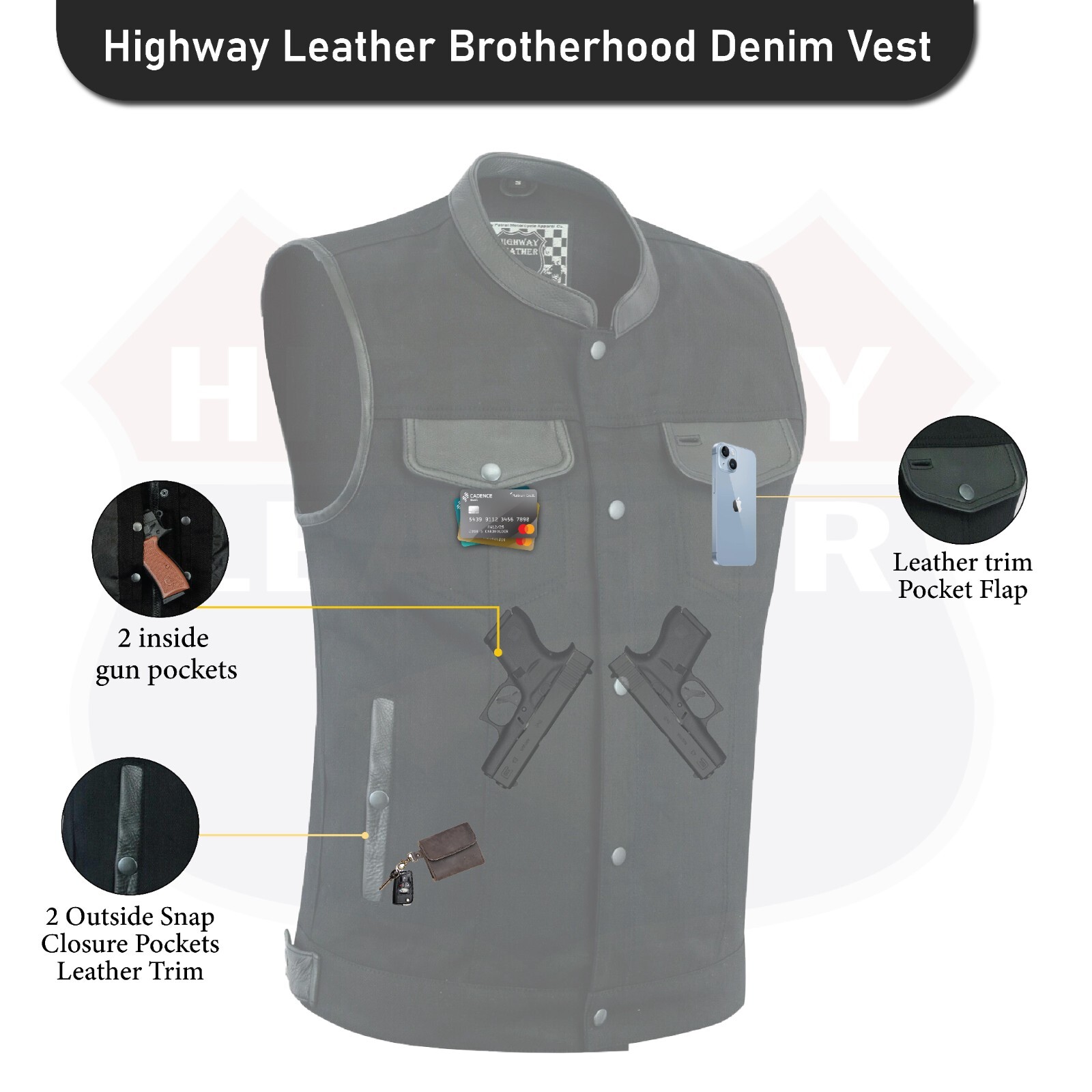 Biker Denim Club Style Anarchy Vest with Conceal Carry Gun Pocket SKU HL21689