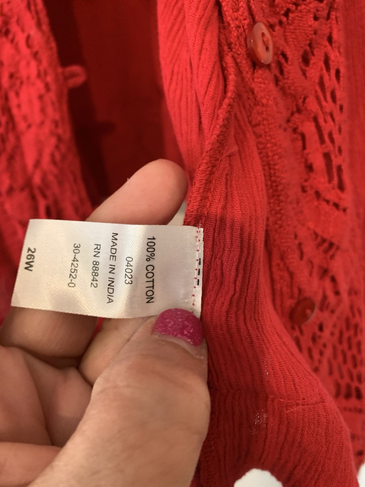 Roman’s Long Blouse Red Gauzy And Crochet Lace 20W NWOT/ Cotton