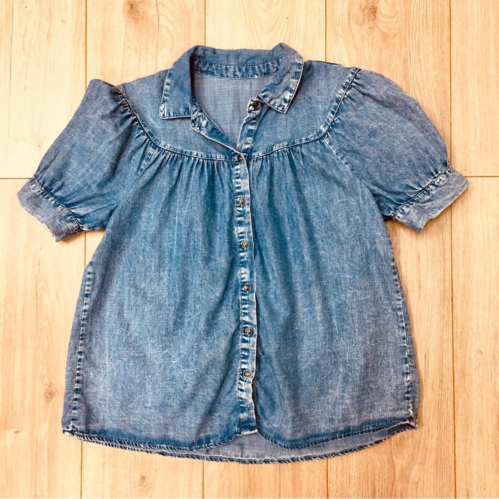 stonewashed denim Button-Down Shirt gathered cinched beach preppy blouse top