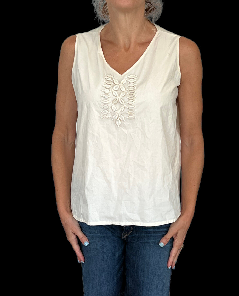 MOSCHINO Cheap & Chic Beige Sleeveless V Neck Blouse Top Embellished Shells 10