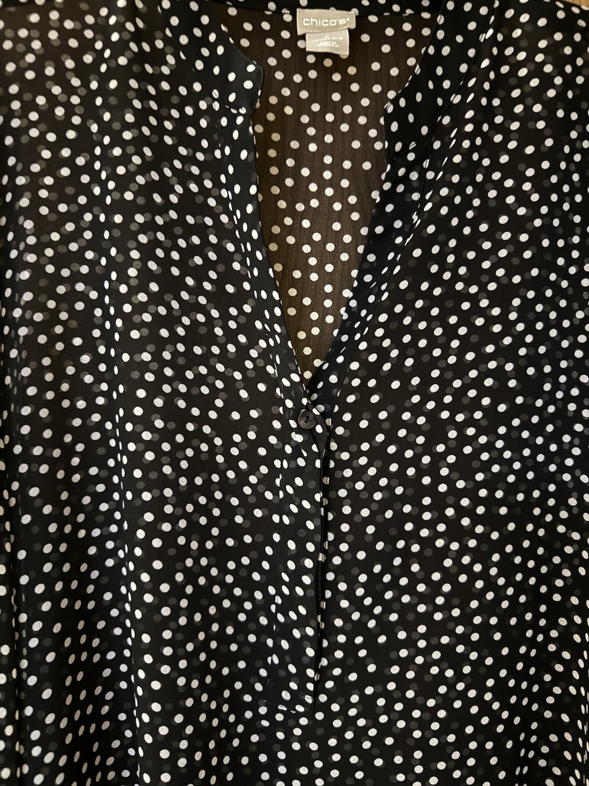Chico’s Women’s Black White Polka Dot Sheer Chiffon V-Neck Blouse 2
