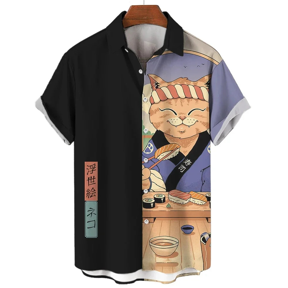Fashion Men’s Clothing Cool Samurai Cat Tops Summer New Men’s Clothing Casual