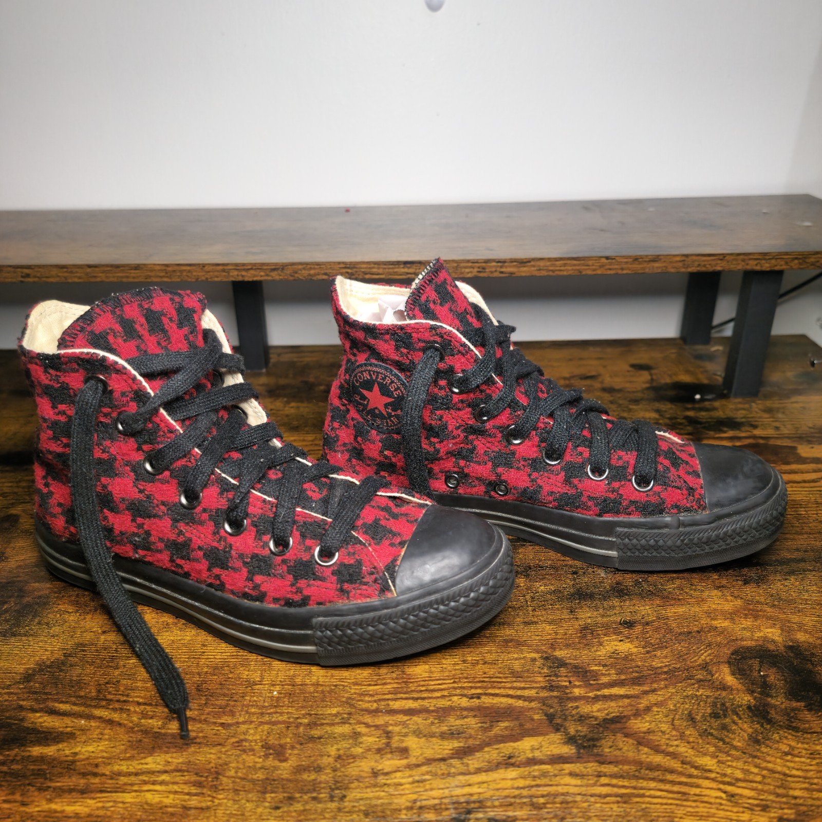 Rare Converse All Star High Top Houndstooth Red Black Woven Fabric Men 4 Women 6