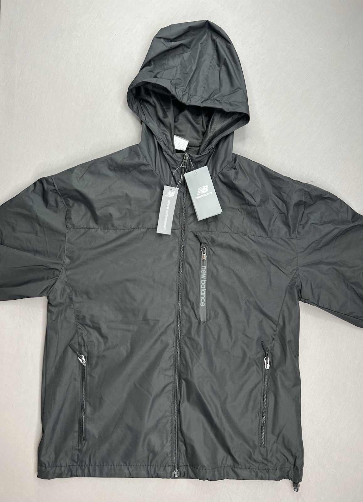New Balance Mens Hooded Dobby Windbreaker Full Zip Mesh Lined Jacket Sz M