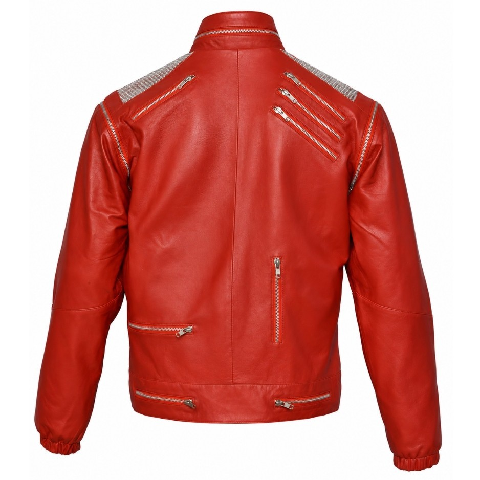 MJ Thriller Beat It Red Real Leather Jacket Michael Jackson Inspired Men New