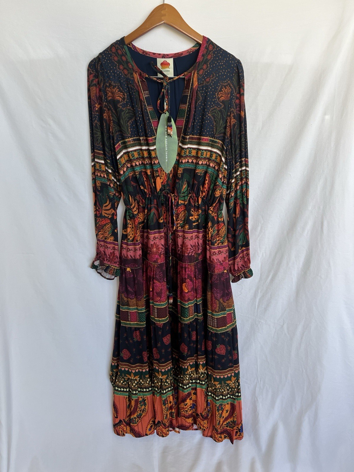 Farm Rio Mixed Patchwork Midi Dress with Tie Neck Dress M