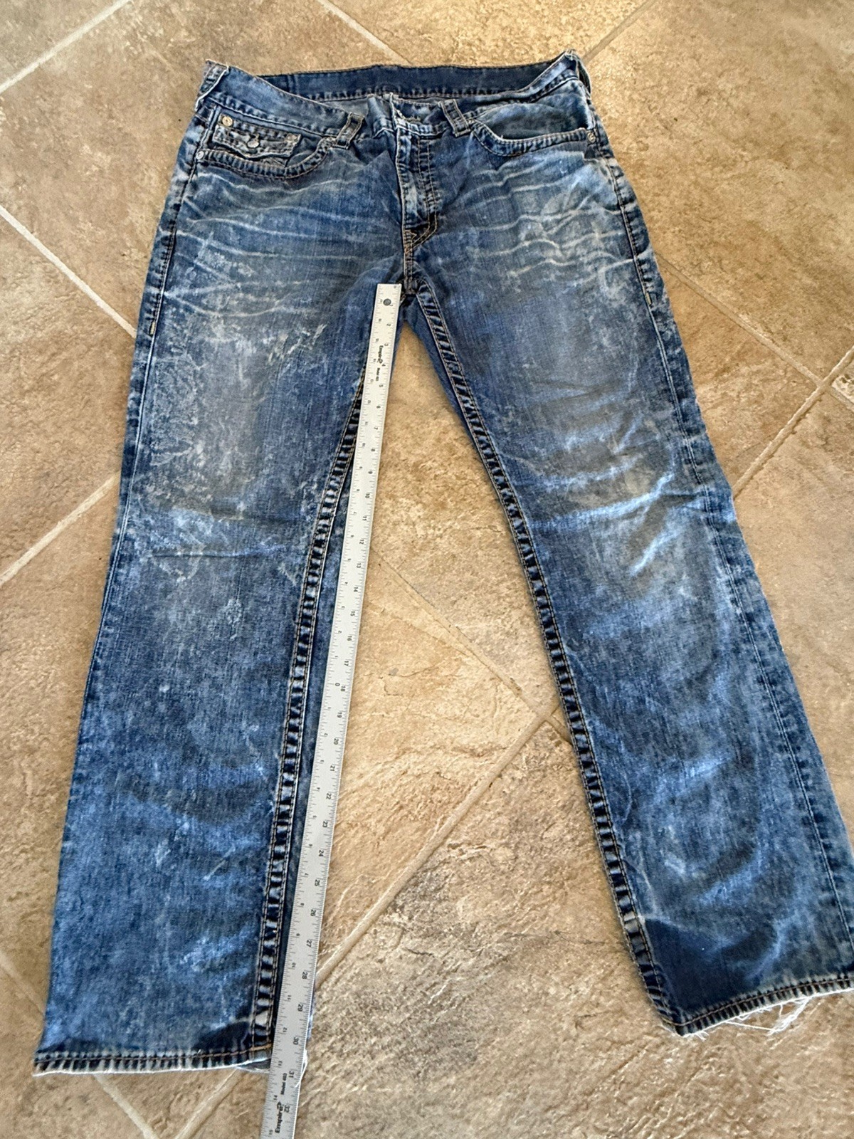 True Religion Rare Stone Wash Acid Jeans Relaxed Straight Flap Blue 38×31