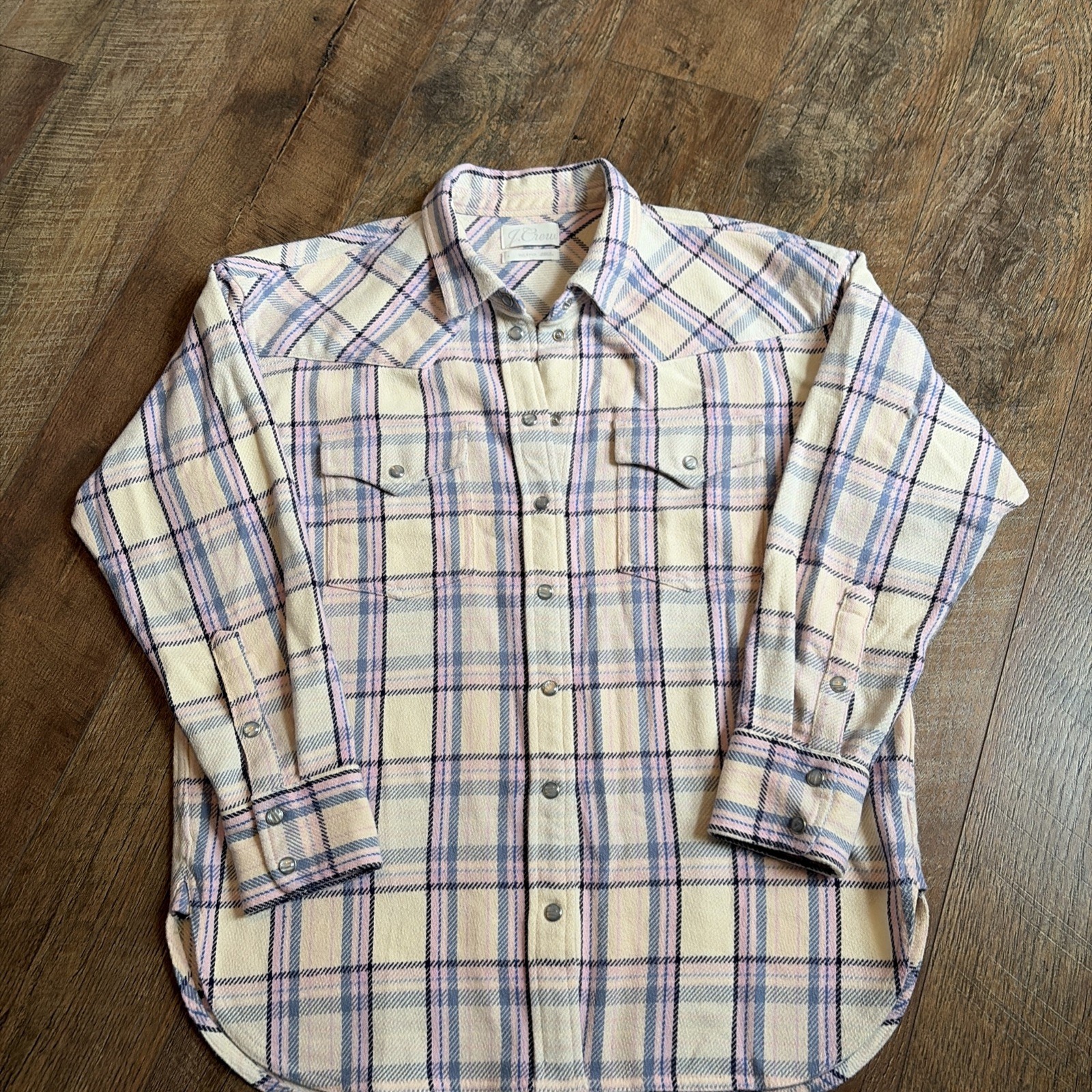 J Crew | 100% Cotton ‘Relaxed Fit’ Blue & Pink Plaid Pearl Snap Oversize Flannel