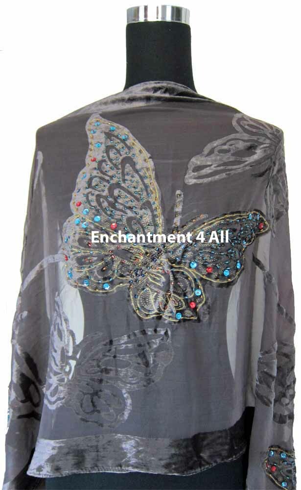 Handmade Beaded Butterfly 100% Silk Velvet Scarf Shawl, Gray