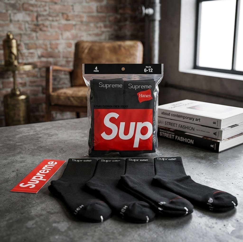 Supreme Hanes Black Crew Socks 4-Pack Men’s Size 6-12 New Sealed