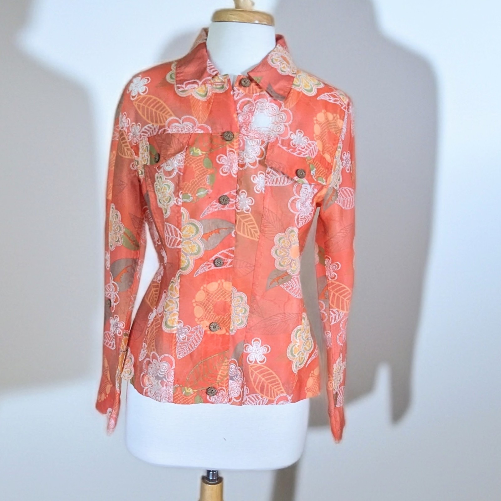 Multiple’s Coral Orange Floral Blouse Medium Semi Sheer Button Front Rayon Blend