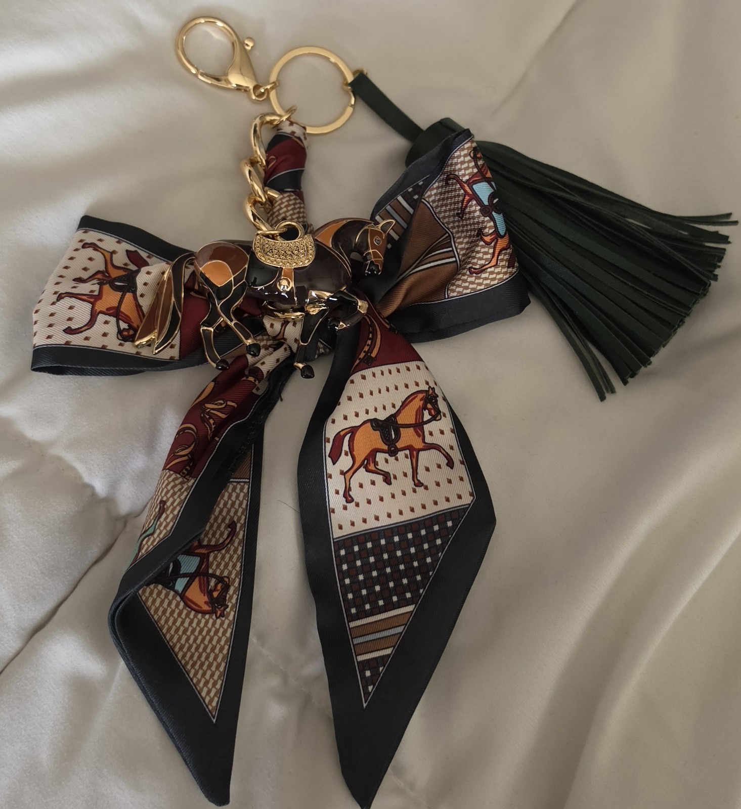 Piper K Bag Charm Key Chain Equestrian Hand Painted Horse Bow Green Tassel NWOT