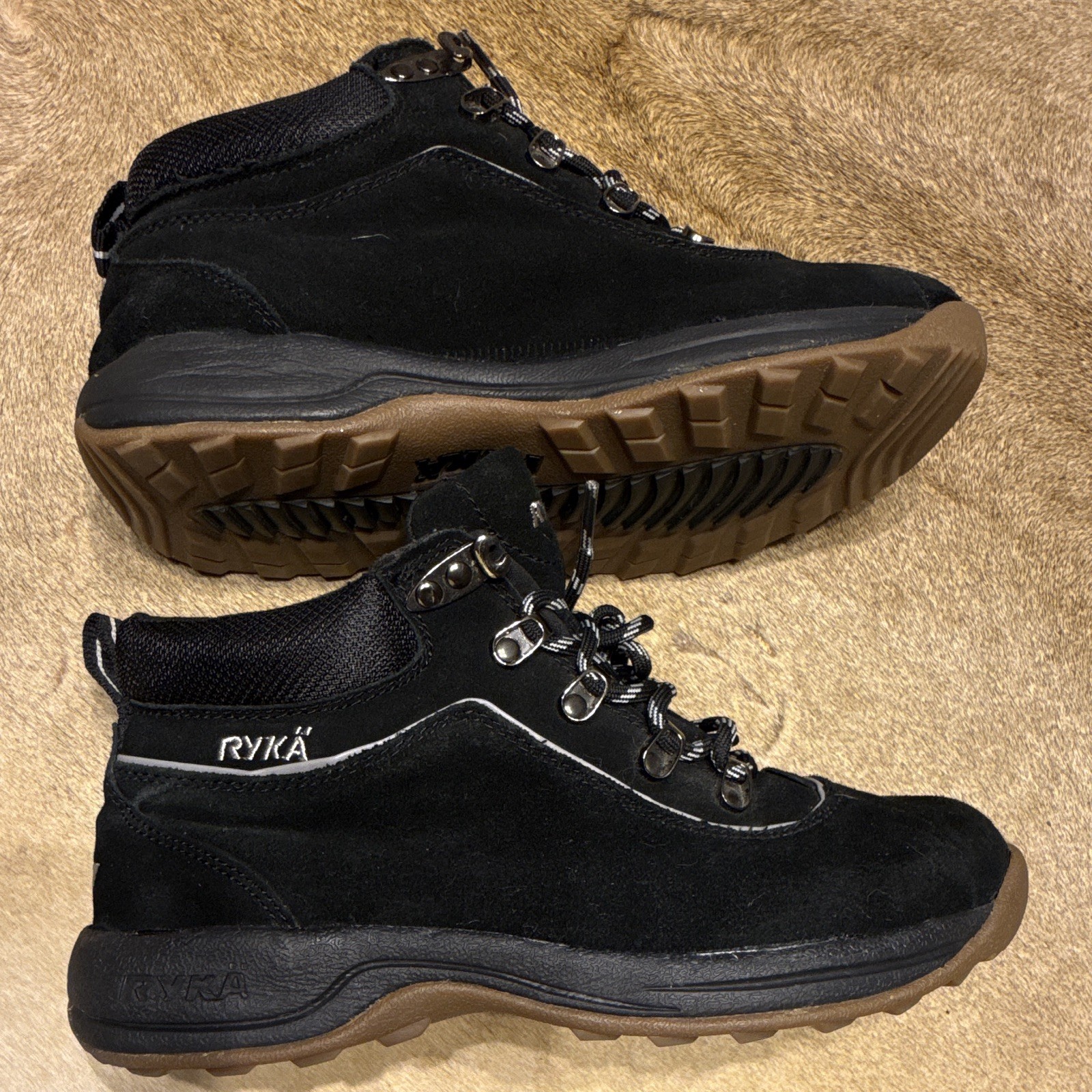 Ryka Terrain Hiking Ankle Boots Black Suede Leather US 7.5W Waterproof Lace Up