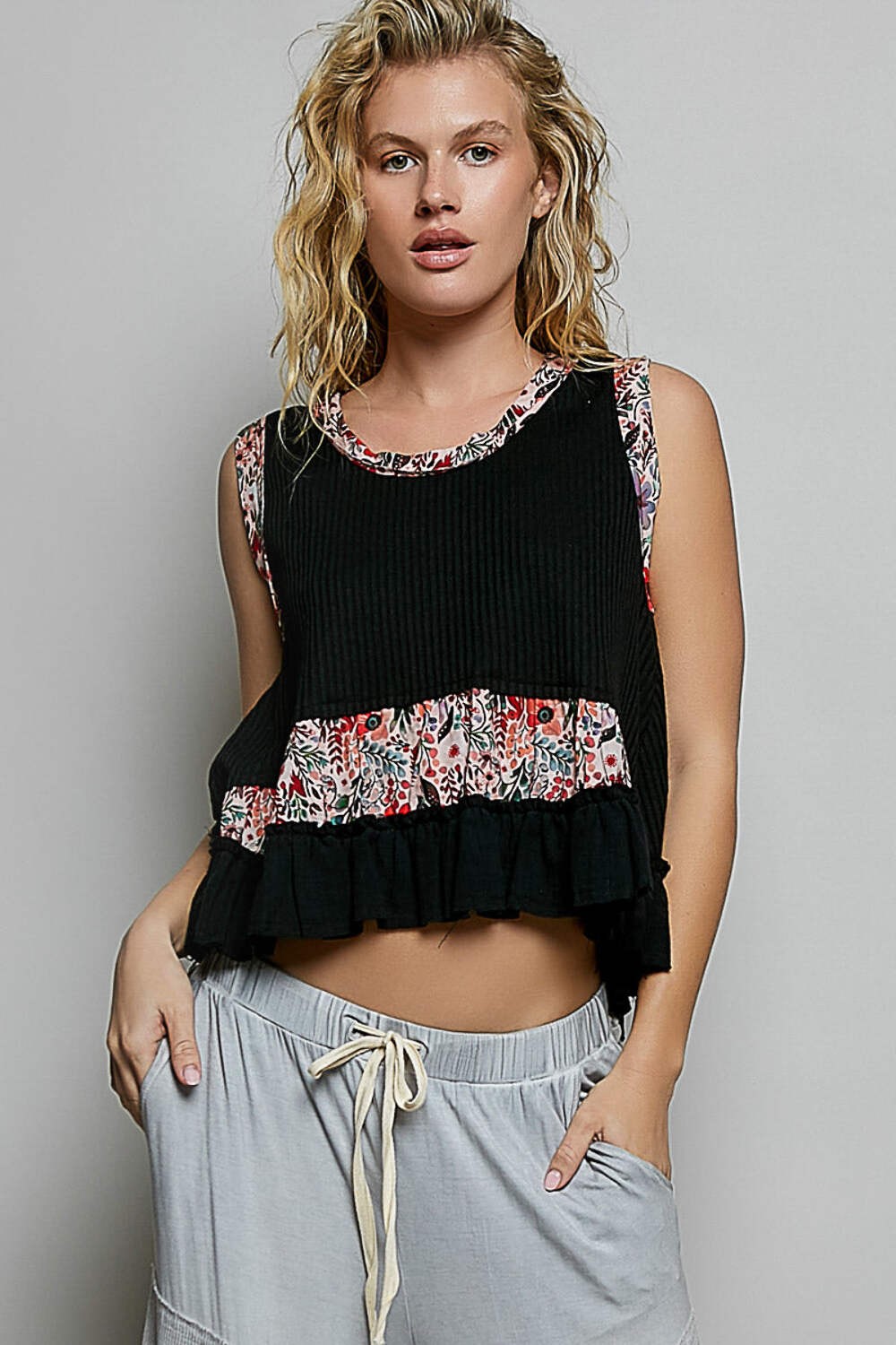 POL Floral Print Patche Round Neck Ribbed Tank with Double Gauze Ruffle Accents